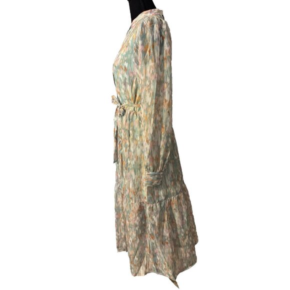 Spring & Mercer L Watercolor Chiffon Midi Prairie Dress Small Long Sleeve NEW - Picture 3 of 16